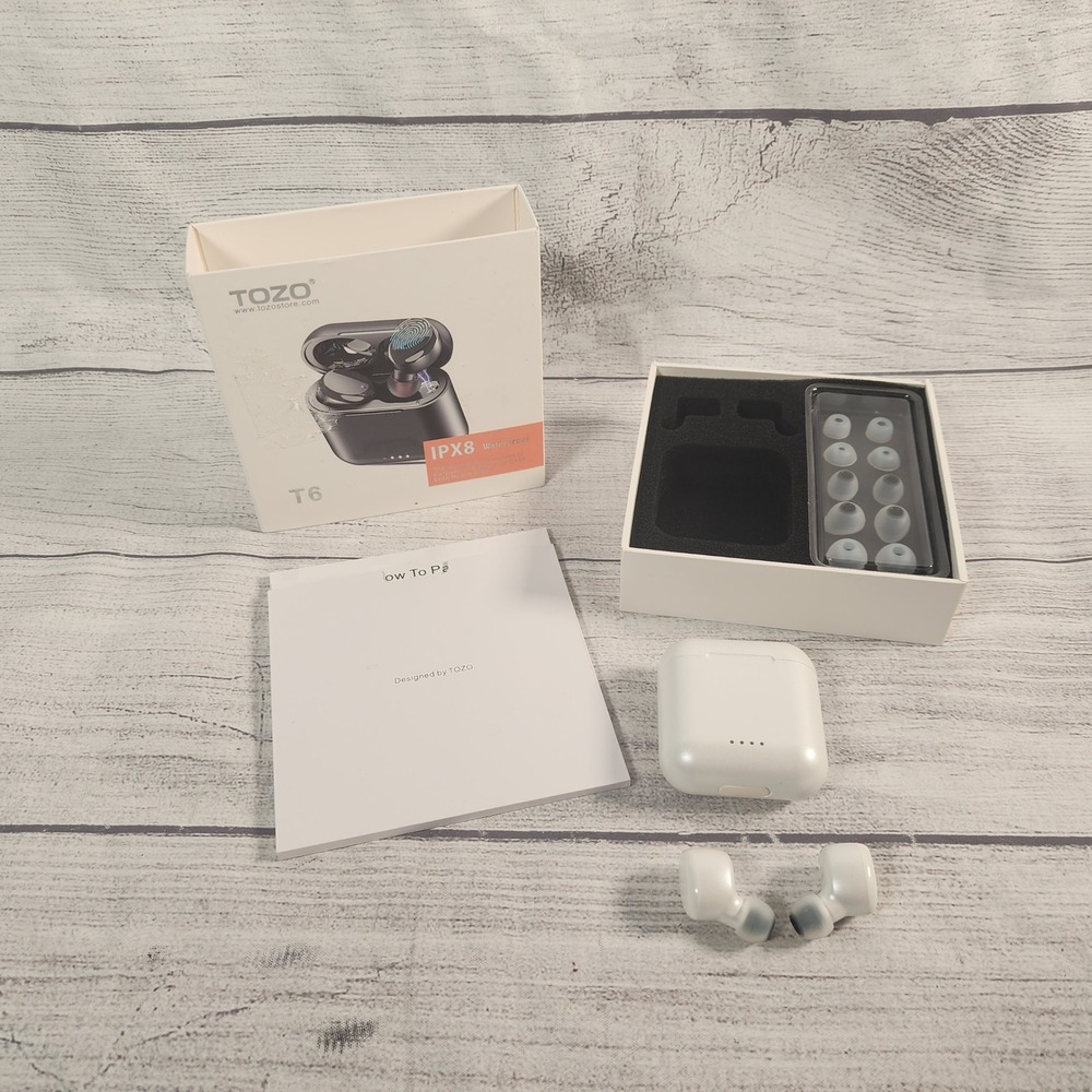 TOZO T6 True Wireless Earbuds White IPX8 Waterproof Bluetooth Headphones Case